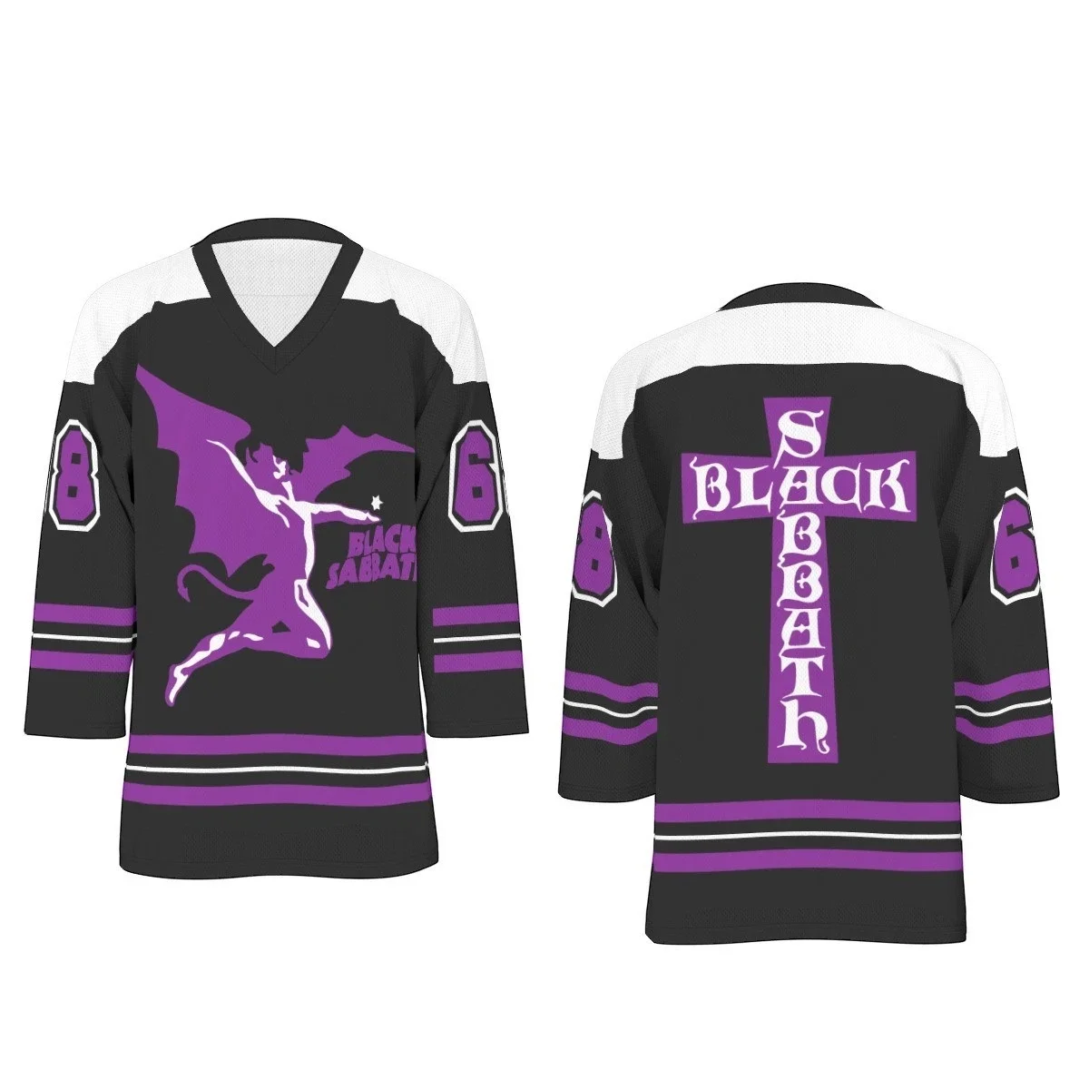 Herren-Langarm-Eishockey-Trikot mit Black Sabbath Devil Cross-Grafikdruck, Rock-Metal-Top mit Nummer 86, passend für die ganze Familie – Detail 2