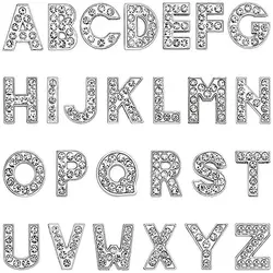 Dijes para zapatos con purpurina, letras de diamantes de imitación, alfabeto de cristal plateado, decoraciones para zapatos de aleación DIY, pulseras deslizantes de joyería