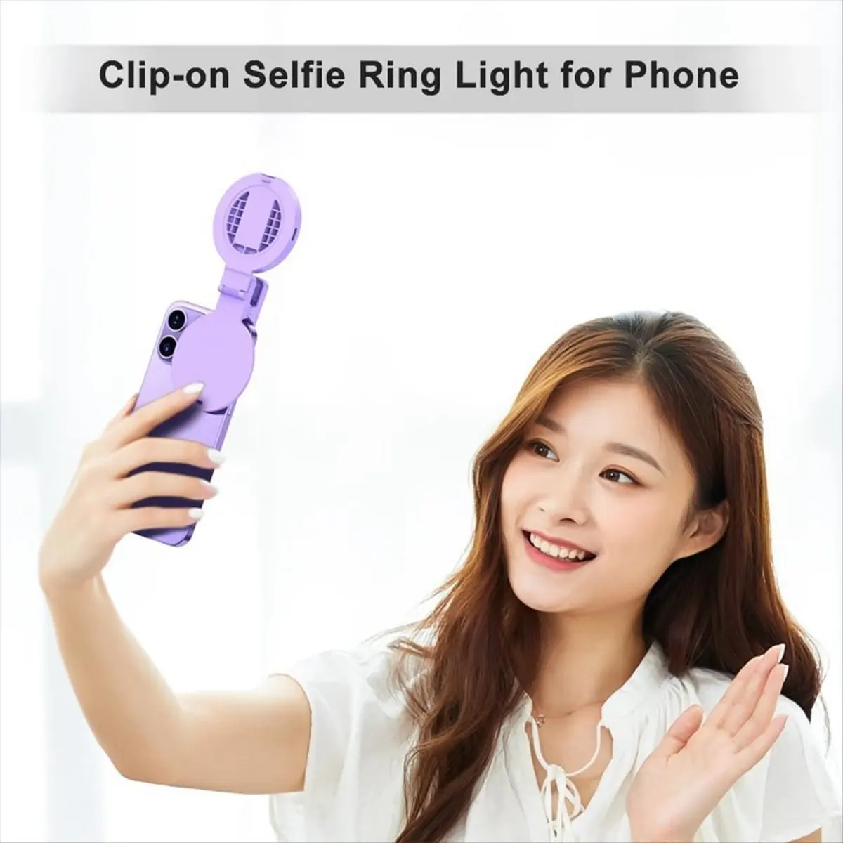 Y65A Luz para Selfies de Alta Calidad con 3 Modos de Iluminación y Clip de 180° °   Anillo de Luz LED Giratorio para Teléfono, Recargable, Espejo para Selfies, Blanco