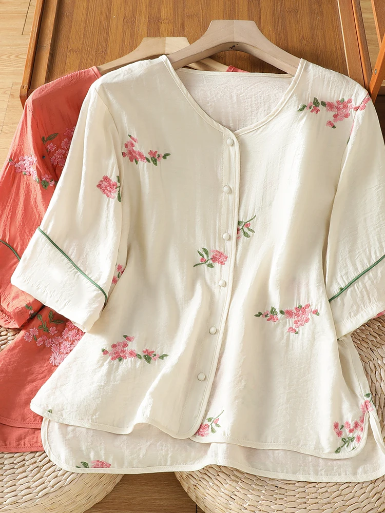 

Korean Japanese High End mid Sleeve Women's Top Summer Thin Heavy Embroidery Artistic Versatile Slimming Trendy Shirt