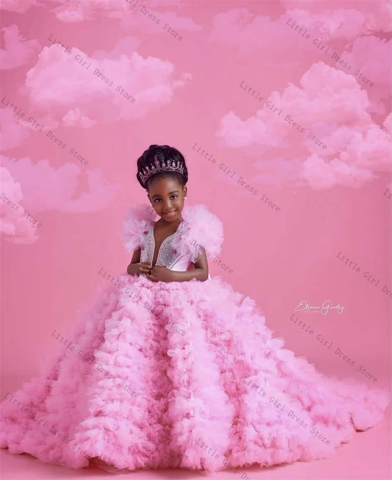 

Pink Princess Flower Girl Dress Sexy Sleeveless Shiny Stone Crystals Wedding Gown Kids Birthday Party Pageant Ball Gown Dresses