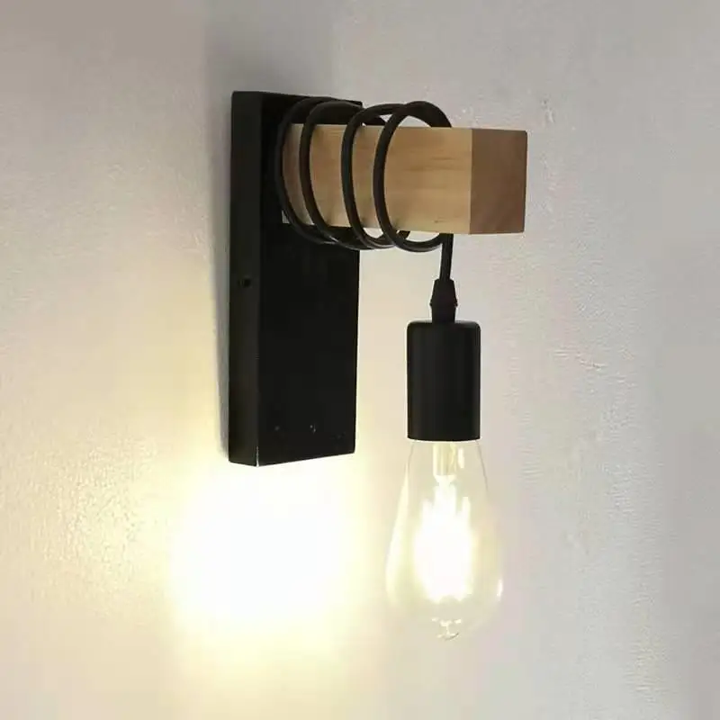 

Modern Simple Retro Wall Lamp Bedroom Living Room Bedside Lamp Wooden Art Wrought Iron Nordic Wall Lamp Stair Lamp