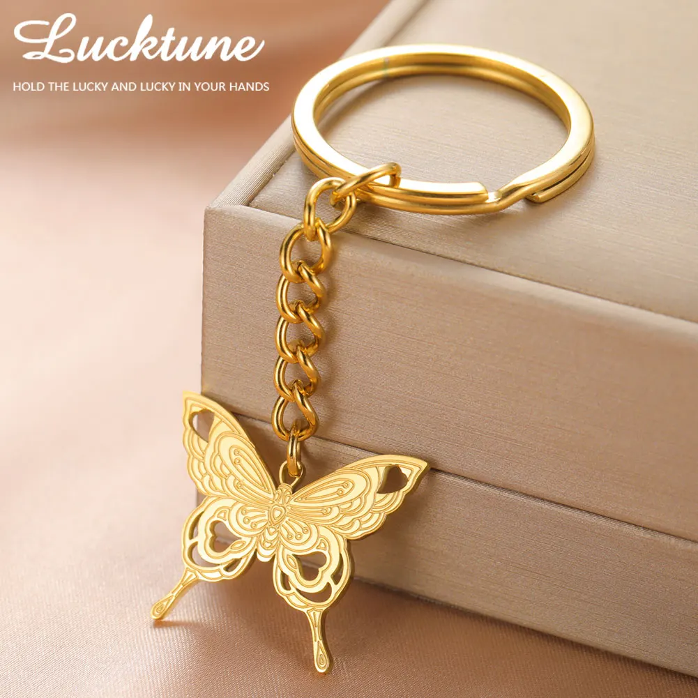 Lucktune Hollow Heart Butterfly Keychain Stainless Steel Flying Animals Key Chains for Women Handbag Key Accessorie Jewelry Gift