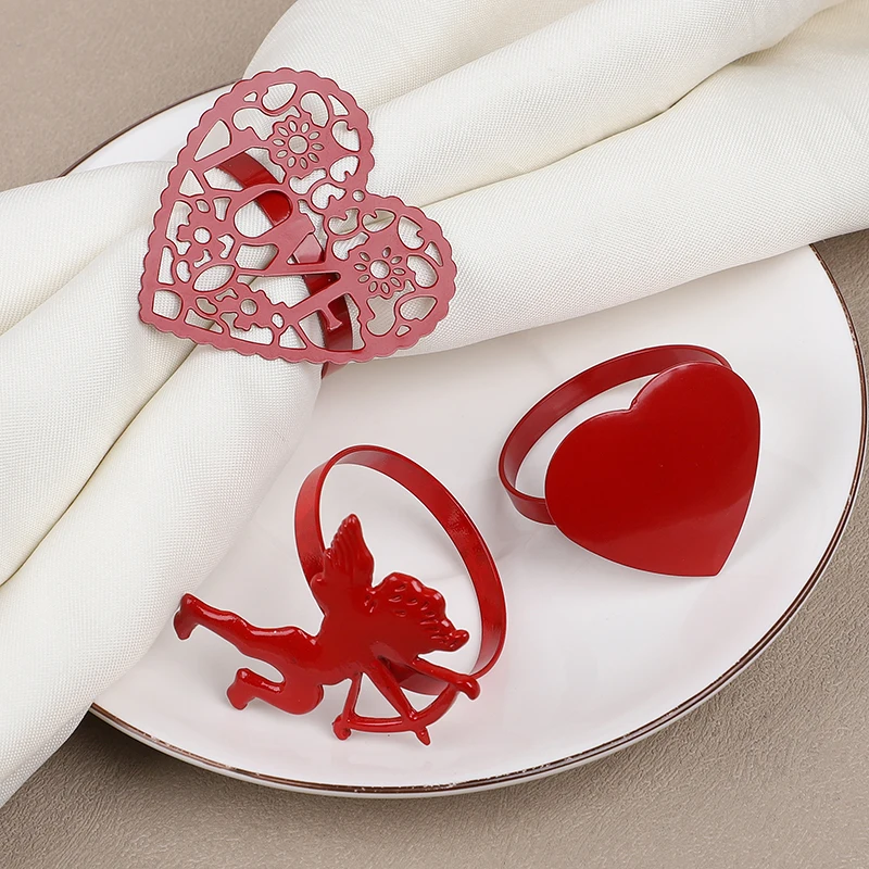 Valentine's Day Red Rose Shape Handicraft Towel Buckle Napkin Ring Heart Love Shape Napkin Holder Ring Wedding Hotel Table Decor