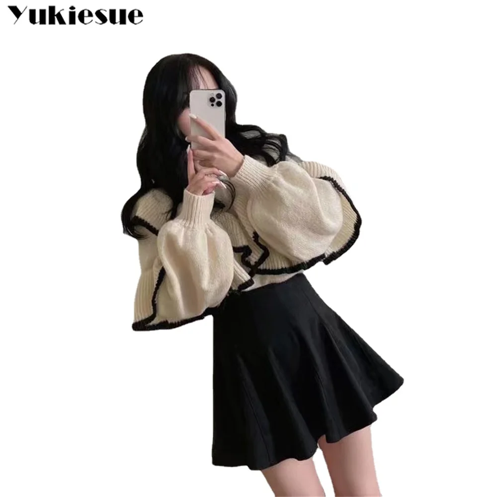 Ruffled Black Knitted Sweater Women Fashion Vintage Lantern Sleeve Female Elegant Cardigan Chic Retro Knitwear Korean Sweet Coat