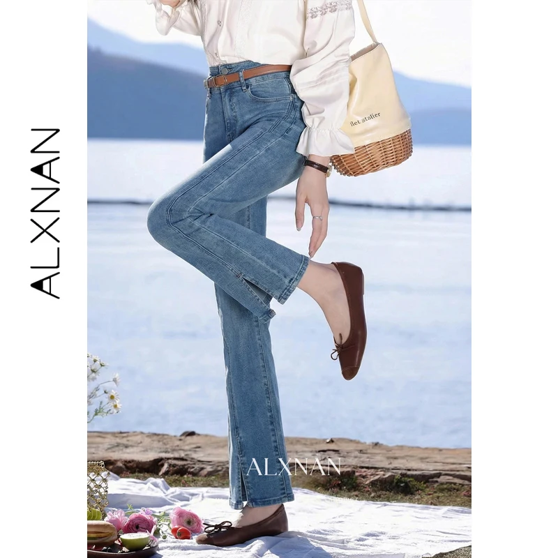 ALXNAN Women's Vintage Flared Jeans High Waist Blue Denim Split Hem Bootcut Casual Straight Pants 2026 Trousers Ladies L61383A