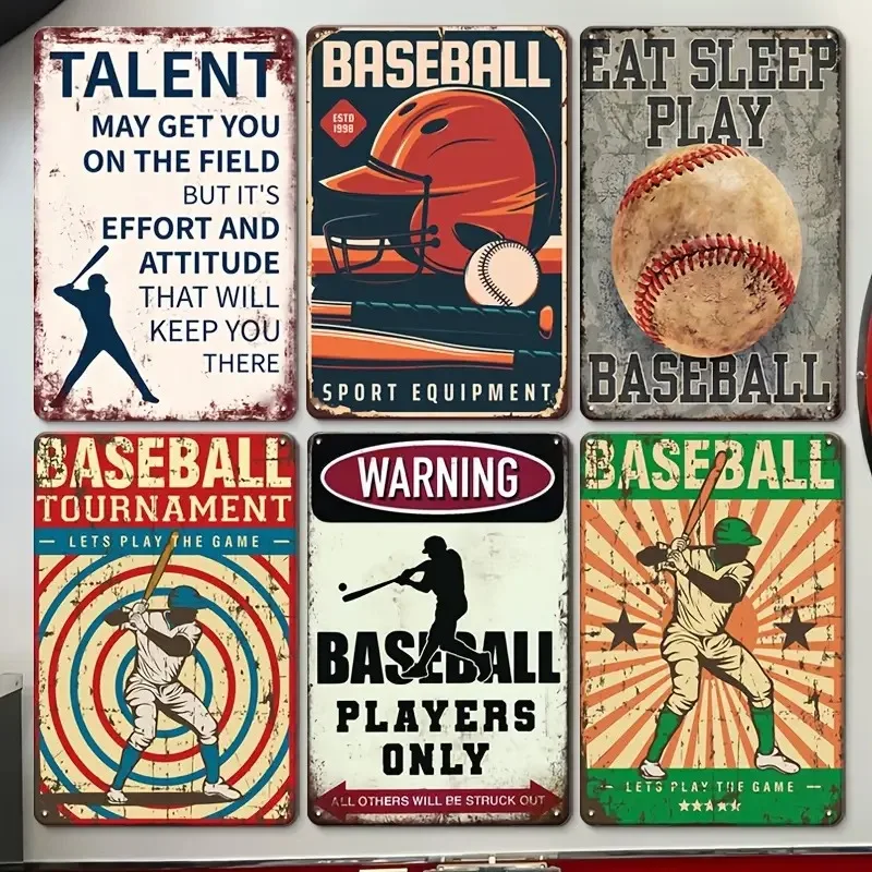 2D Flat 6pcs Vintage Iron Art Baseball Decorative Iron Signs | Warning: Baseball Players Solely, Multi-Purpose Home Wall Decor,