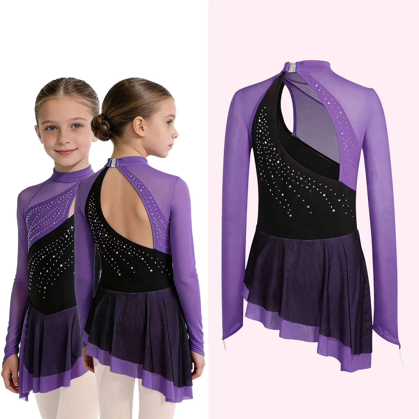 Girls Figure Ice Skating Ballet Dress Lyrical Dance Tutu Gymnastics Skirted Leotards Rhinestone Dancewear with Built-in Briefs