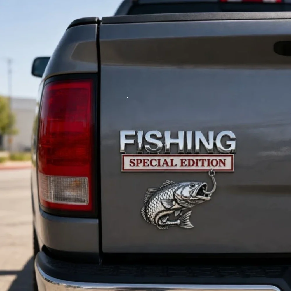 Fishing Special Edition Car Emblem, Metal Bass Fish Auto Badge with Hook Design, SUV Car Boat Trailer Toolbox, Gift for Anglers