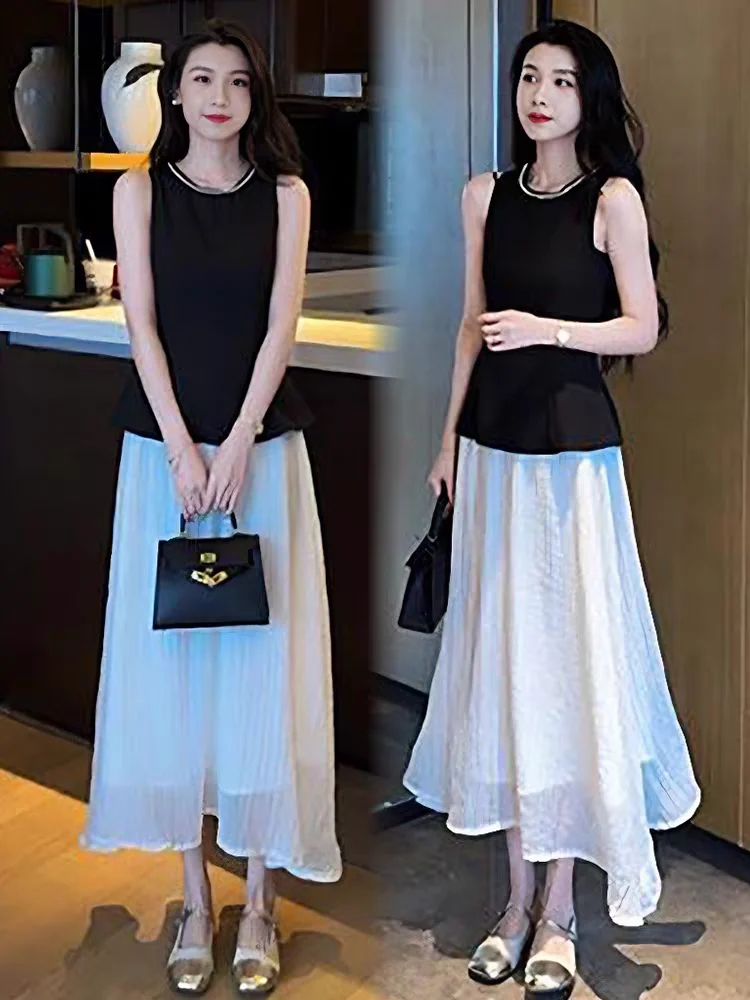 ファイオナブルサマー新作スリムラウンドネスベルドセットレディースハイウエストAラインスカートツーピースアンサンブル