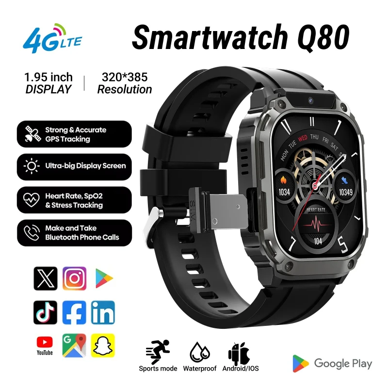 

2025 NEW Q80 Smart Watch 4G SIM 1.955-inch HD Screen GPS+WiFi Front Camera Video Call 64GB/128GB ROM Android OS Google Play