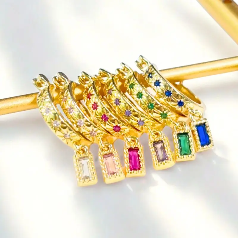 

925 Sterling Silver Needle Exquisite Colorful Zircon Square Pendant Earrings Ins Fashion Hoop Earrings Women's Luxury Jewelry