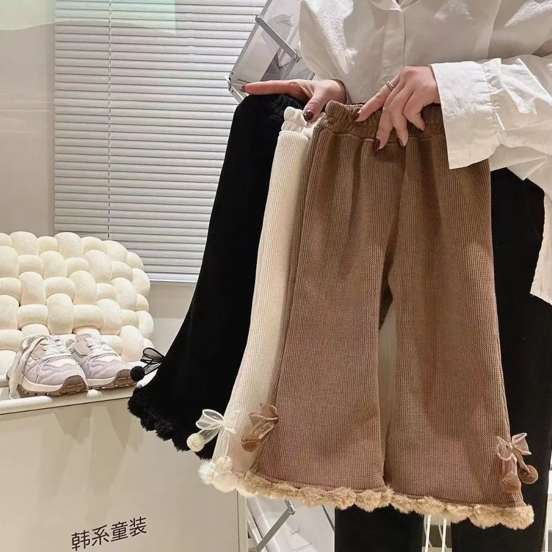 الفتيات الخريف الشتاء السراويل الطويلة غير رسمية موضة جديدة للأطفال لطيف وهمية الفراء القوس الكورية بانت ملابس الأطفال السراويل