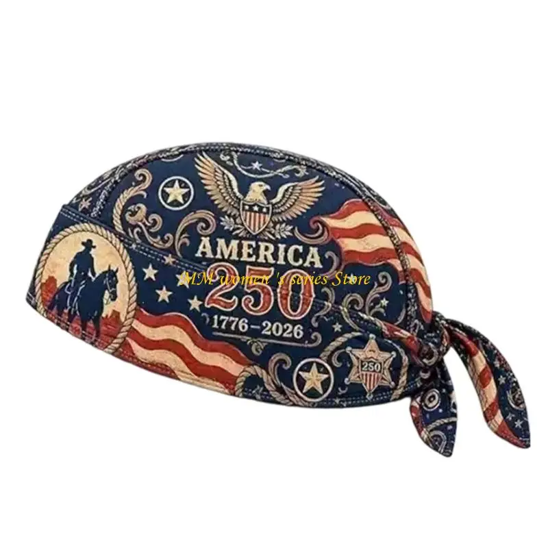 Q39C Warm Weather Bandana Cap for Adults, Printed Patriotic Tie Back Headwrap with Anniversary for Outdoor Wear
