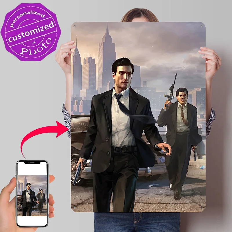 Mafia Gangsters in NYC 3D Texture Metal Poster Customized Wall Art Tin Sign Gift for Mancave Living Room Decoration Man Bedroom