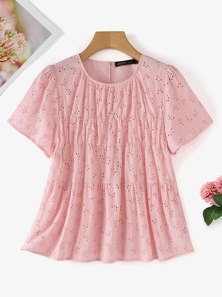 ZANZEA Women Fashion Hollow Out Embroidery Blouses Elegant O Neck Short Sleeve Tiered Blusas Summer Lace Patchwork Tunic Tops