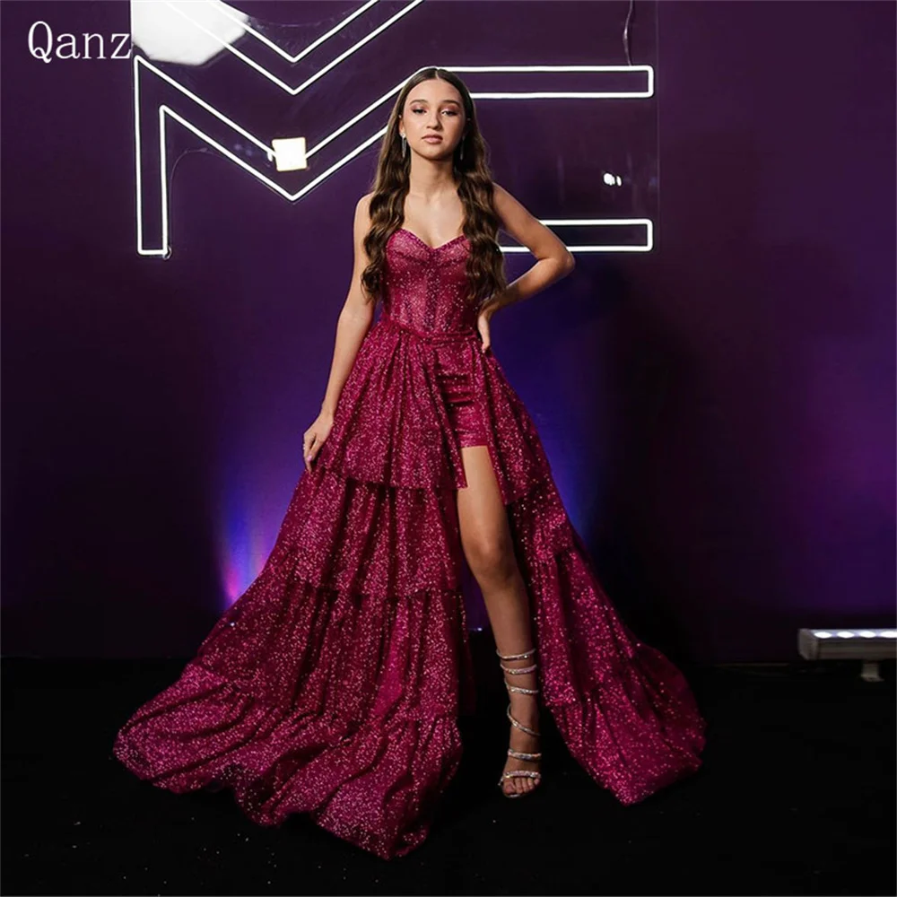 

Qanz Fuchsia Elegant Evening Dresses Sparkle Glitter Tiered Ruffles Sweetheart High Slit Pageant Dresses for Women Party Dresse