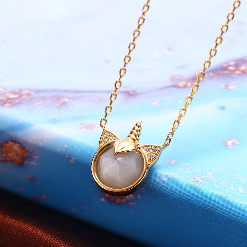 MoBuy Natural Moonstone Necklaces Gemstone Pendant For Women Unicorn Necklace 925 Sterling Silver Chain K Gold Plated NI163