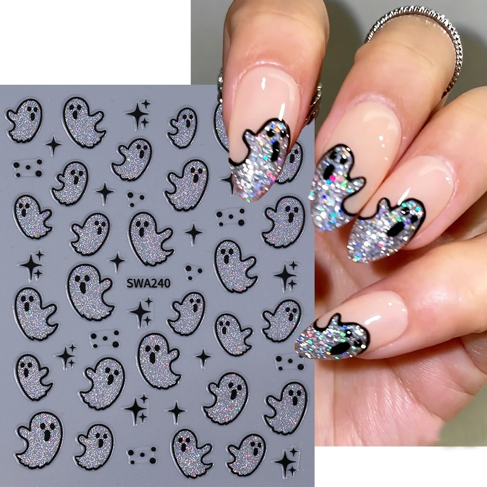 1pcs Rainbow Silver Glitter Halloween Nail Sticker 3D Cute Ghost Laser Effect Cross Starlight Nail Decal Shimmer Spooky Nail Dec