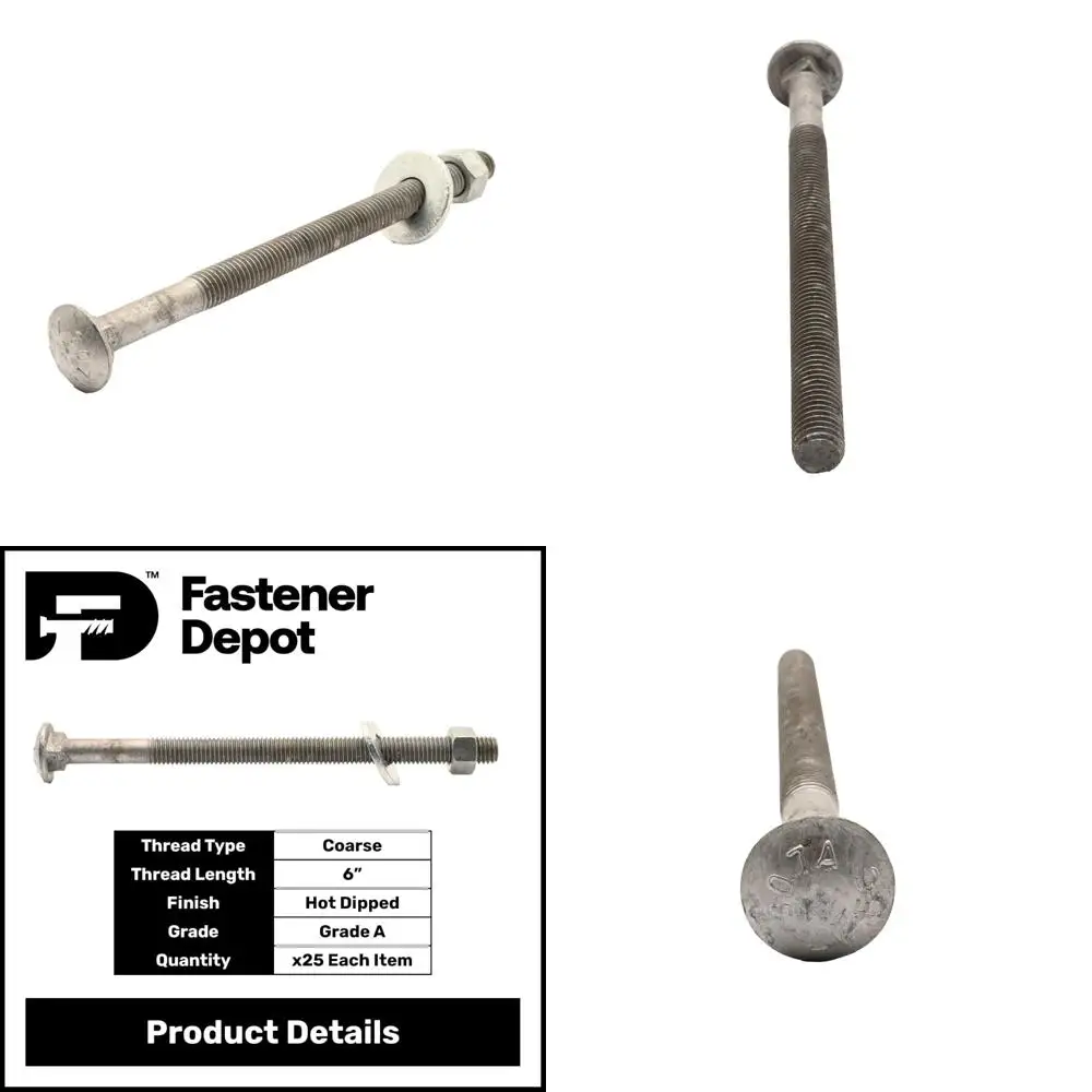 

Galvanized Carriage Bolt Kit 5/8 x 10 in Grade 307A, 25 Pack, Includes Flat Washers and Hex Nuts Set