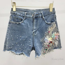 Summer Heavy Industry Beads Three-Dimensional Flower Hot Pants Women's High Waist Loose Elastic Wide-Leg Denim Shorts 2024