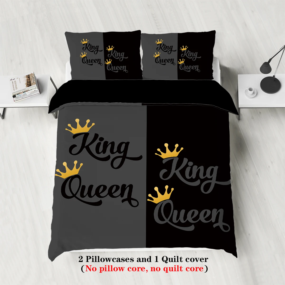 3-piece Couple Black Grey King Queen Pattern Printed Down Duvet Cover (1 piece set+2 pillowcases, no core) Couple Bedding Set