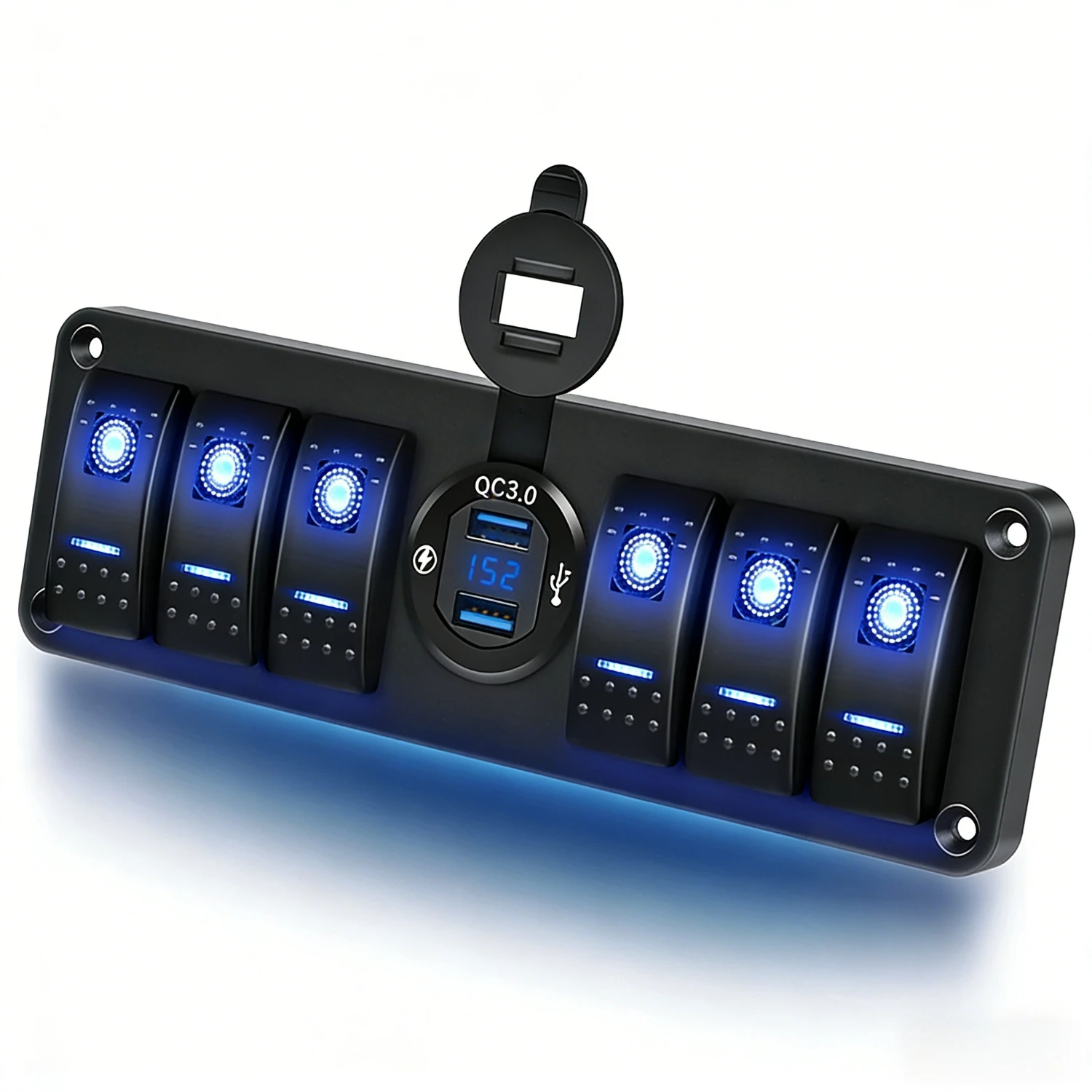 

Waywe 6 Gang 12V SPST Rocker Switch Panel w/QC3.0 USB, Voltmeter, Night Glow for Boats Cars RVs Trucks(Blue)