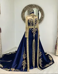 King Blue Velvet Caftan Morocco Prom Dresses Long Sleeve Sparkly Applique Arabic Evening Occasion Gown Henna Marocain Dress