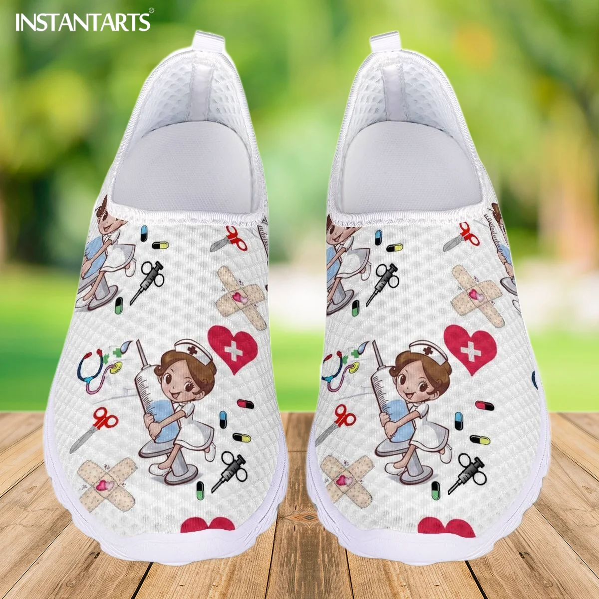 INSTANTARTS Nurse Shoes Summer Flats Women Shoes Mesh Sneakers Shoe Woman Cartoon Doctor Hospital Skech Print zapatos de mujer