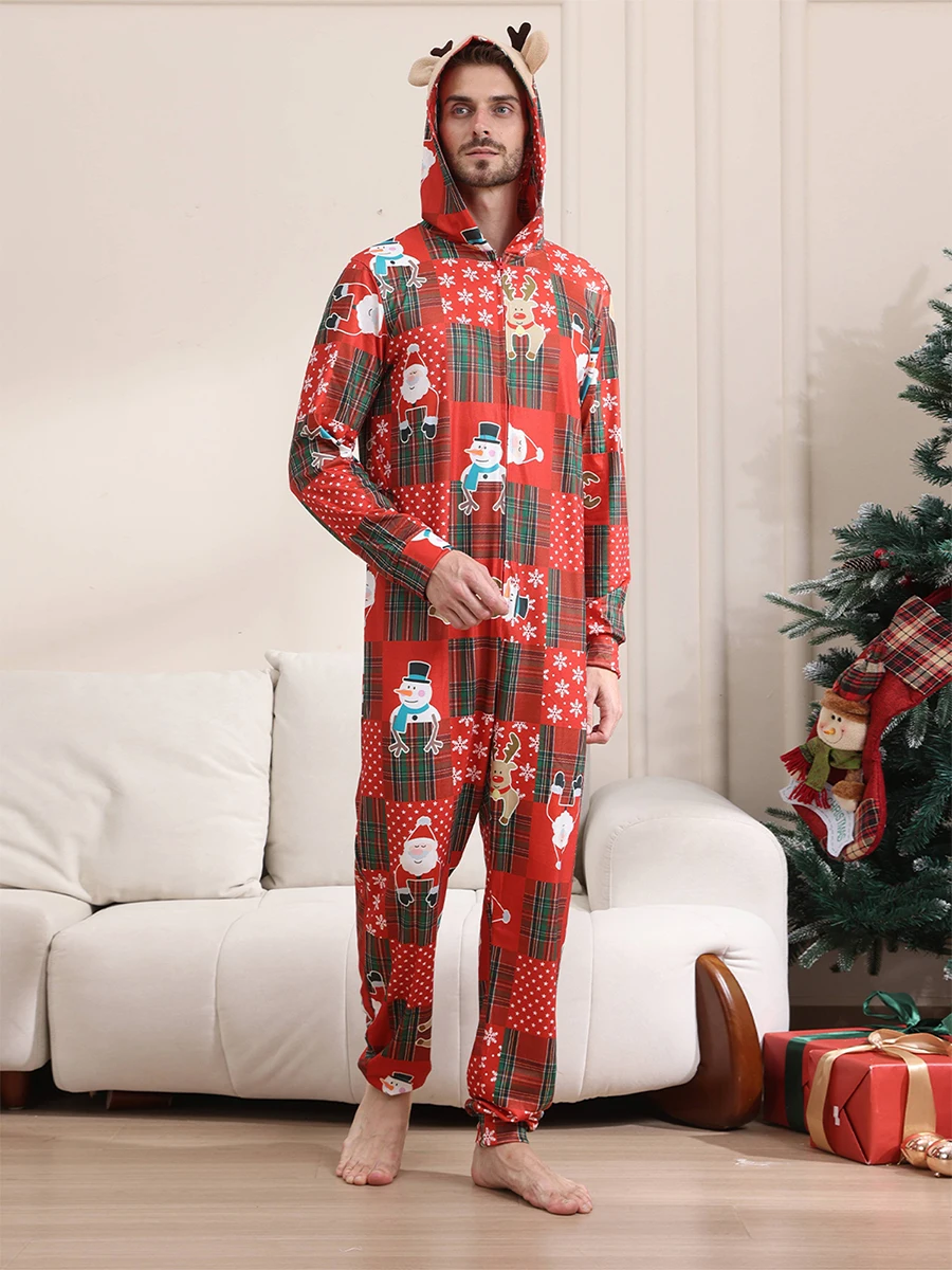 Pijamas navideños familiares a juego, mono rojo con estampado de renos a cuadros, manga larga, con cremallera, longitud completa, conjunto de ropa de dormir para vacaciones