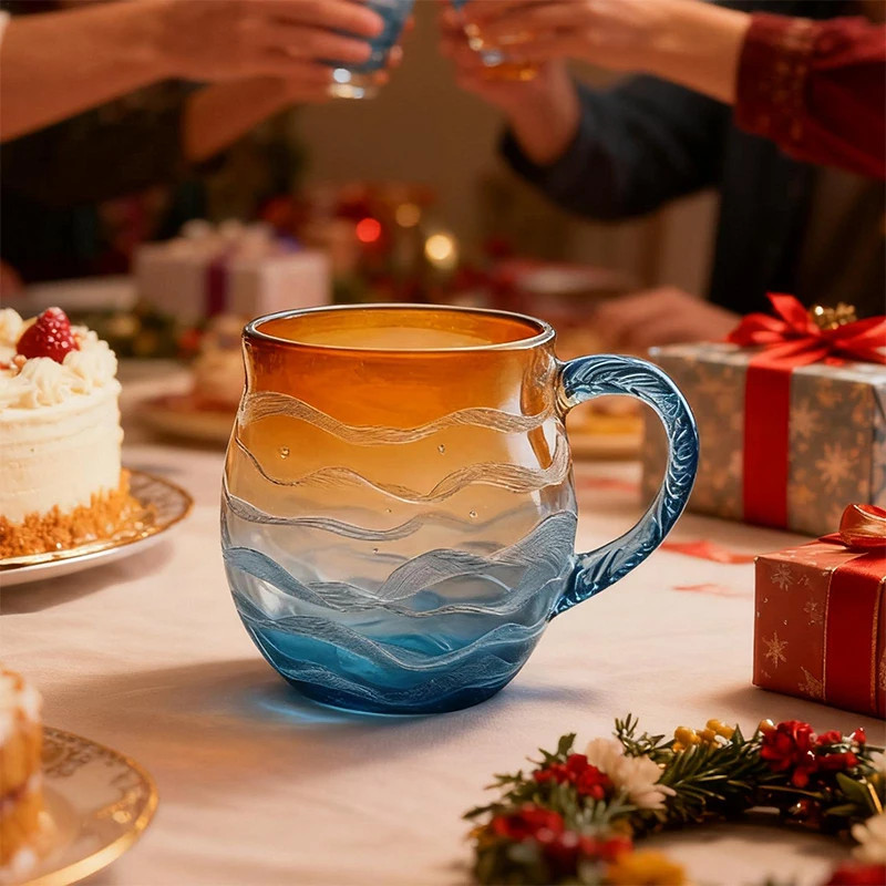 Sea Sunset Orange Blue Gradient Color Glass Cup Rare Coffee Espresso Whiskey Water Cup Home Teaware Christmas Decoration Gifts