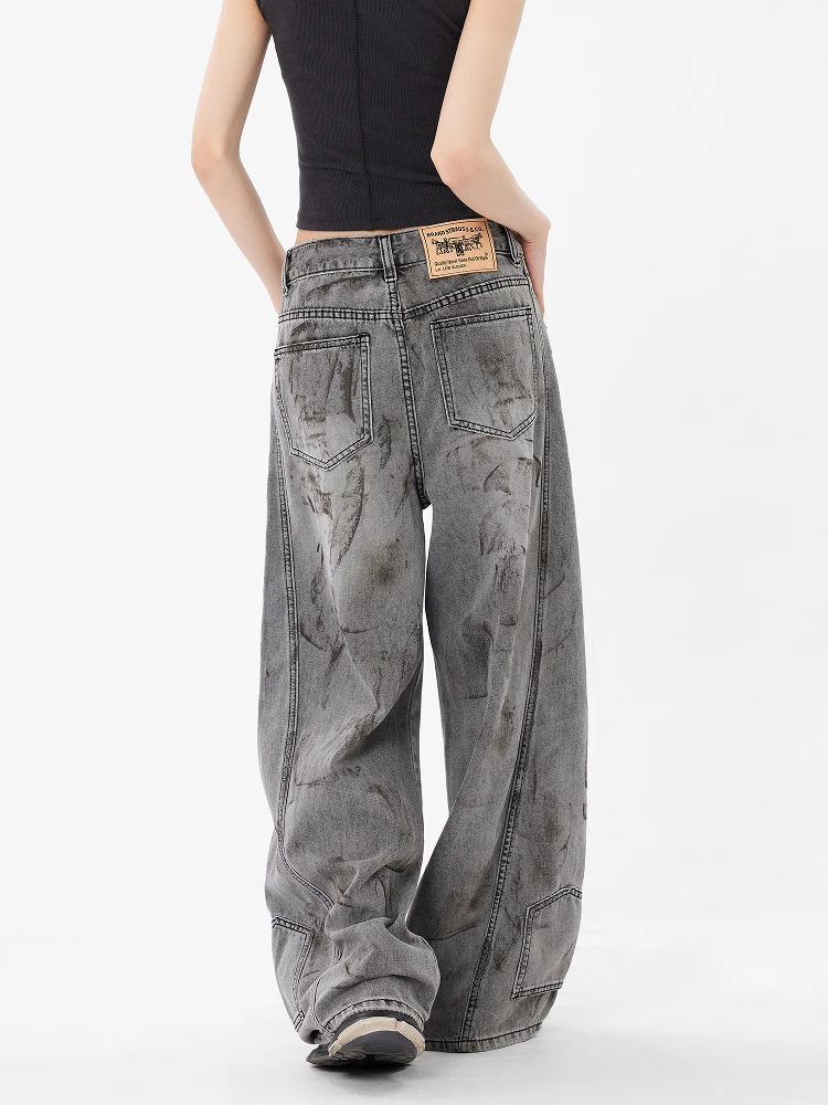 Jeans da donna grigi a vita alta pantaloni in denim larghi dritti vintage streetwear pantaloni in denim a gamba larga alla moda stile americano