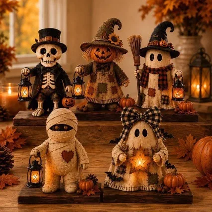 Halloween Resin Figurine With LED Light Ghost Pumpkin Skeleton Mummy Statue Fall Harvest Desktop Table Home Party Decor