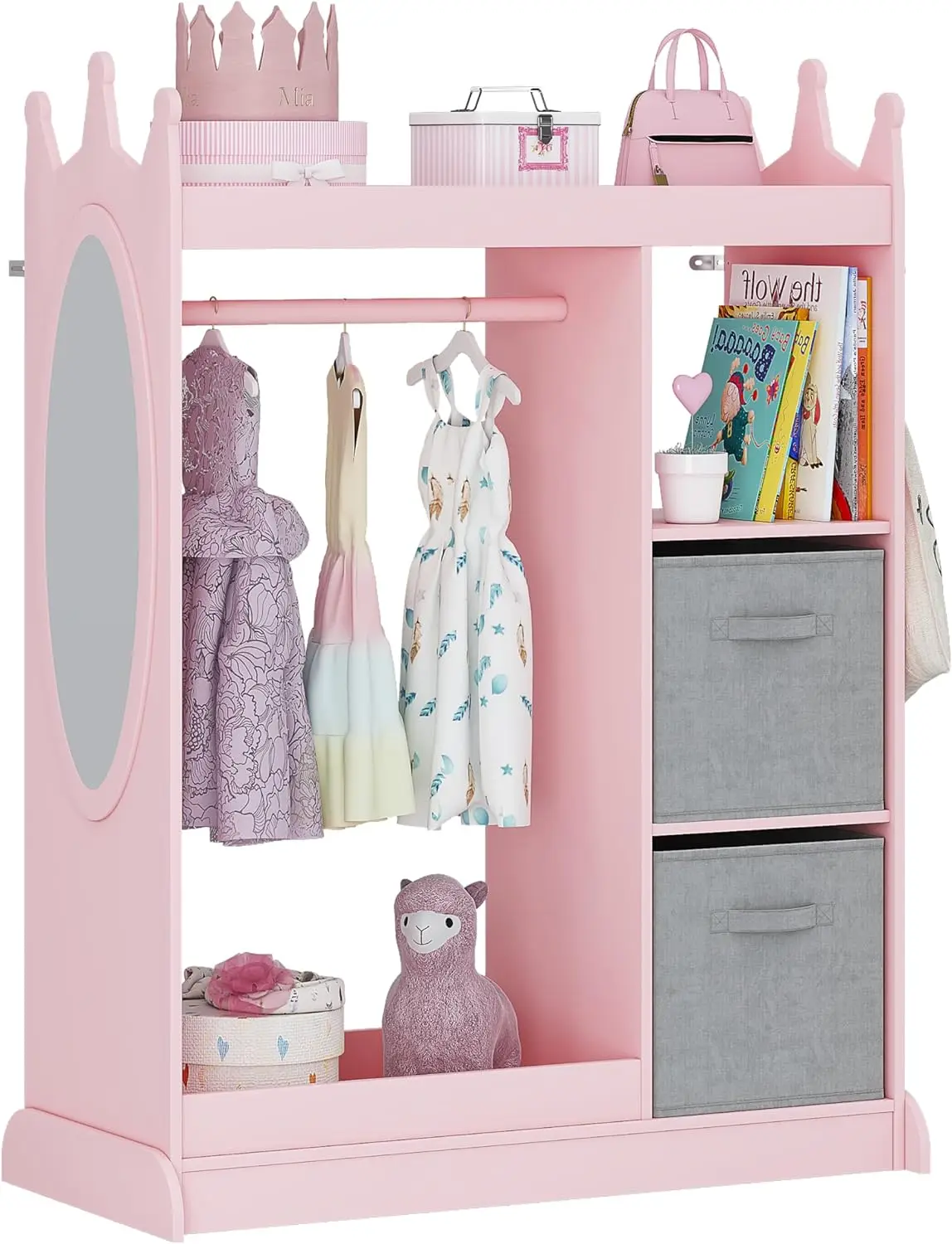 

Kids Armoire Wardrobe Closet with Mirror and Storage Bin, Pink, 33.4 in W x 15.75 in D x 44.5 in H