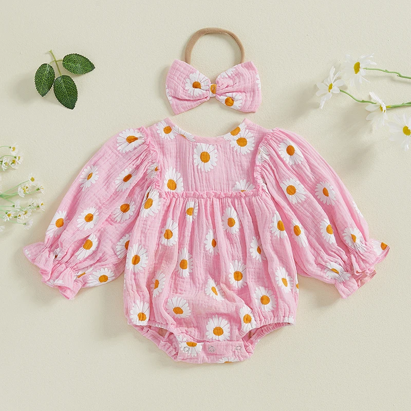 0-18 Months Baby Girl Fall Outfit Daisy Print Frill Trim Ruffle Sleeve Romper Bow Headband 2 Piece Cute Set