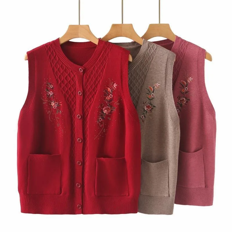 

Весенне-осенняя одежда для пожилых мам среднего возраста, вязаный свитер с зажимом для лошади, кардиган, жилет, бабушка, куртка с вышивкой