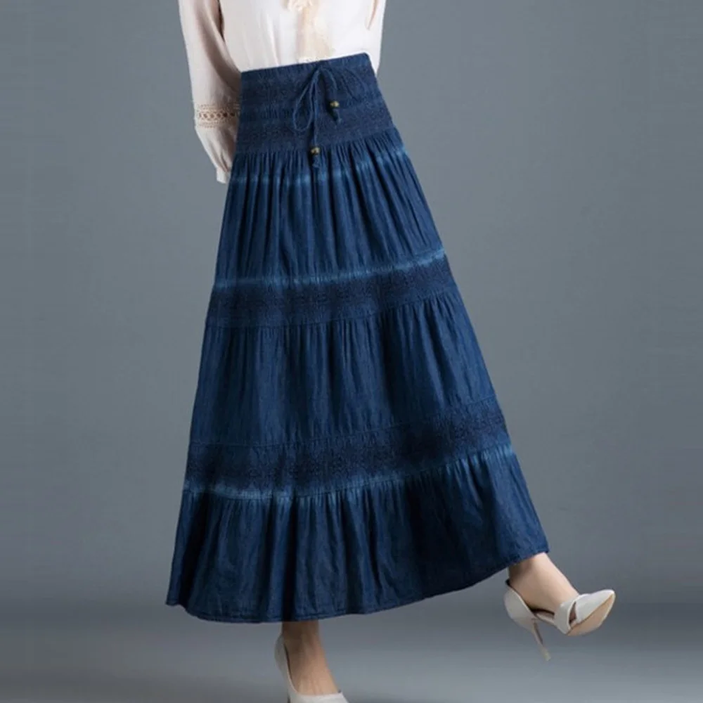 Jeans Skirts Women\'s Denim Maxi  Elastic High Waist Party Solid 2022 Long Summer Skirt Pleated Jupe Vintage Femininas Ropa Mujer