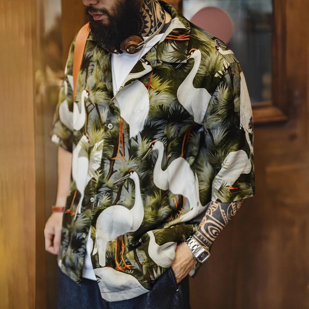 Maden Retro Crane Print Hawaiian Shirt Men's Summer Breathable Short Sleeve Collar Shirt Casual Single-breasted Vacation Blouse