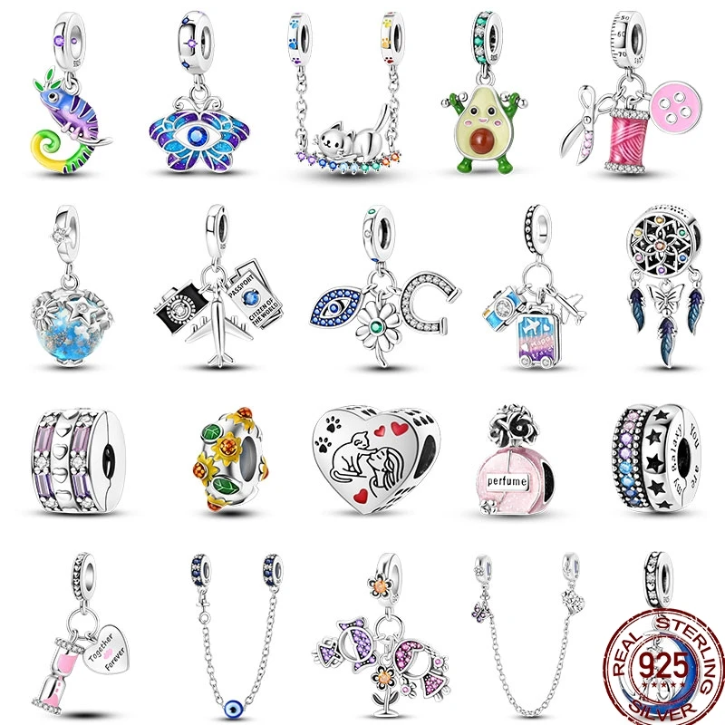 Original 925 Sterling Silver Avocado Lifting Dumbbells Charm Cat Rainbow Swing Fit pand 3mm Bracelet DIY Bead Ms Jewelry Gift