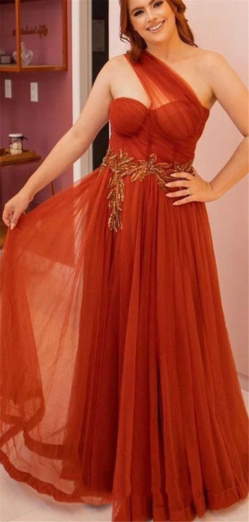 Smile ven orange Ballkleid eine Linie Puff Tüll Abendkleid Seite geteilte Spitze Saudi-Arabien Abend party Kleider angepasst