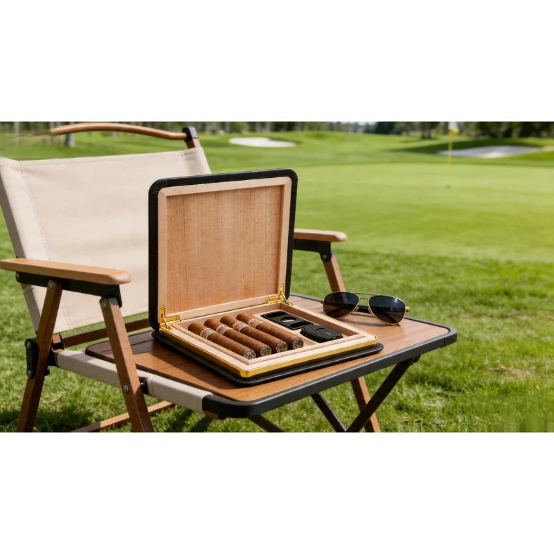 Geometric Pattern Black Humidor Box Gift Set for 5/8 Cigars Easy to Carry