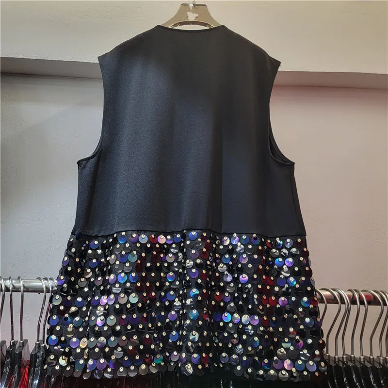 WTHT-Chaleco con cuello en V para mujer, chaleco sin mangas con un solo botón, diseño de lentejuelas empalmado, moda de verano 2025, 1LS1668
