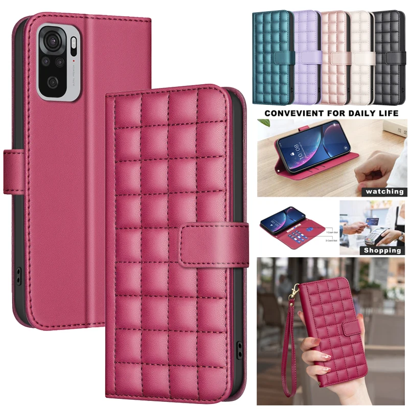 3D Checkered Pattern Wallet Bag Leather Case For Xiaomi Redmi Note 10 4G 10S Note10 Pro Max 10T Phone Cases Magnetic Flip Cover