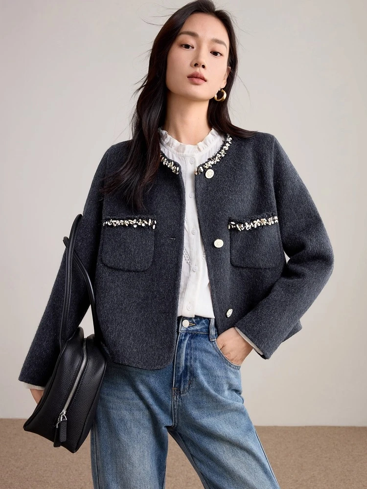 

SENTUBILA Women's Short Woolen Coats Winter 2025 O-neck Beaded Lace Jacket Double Side Wool Warm Outerwear Female Tops W54OE2038