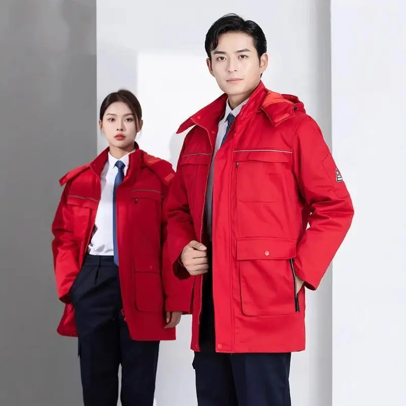 Winter Workwear Anti-static Thick Cotton Clothes Men Medium To Long Styles Gas Stations Workshops Welding Uniform Printed LOGO