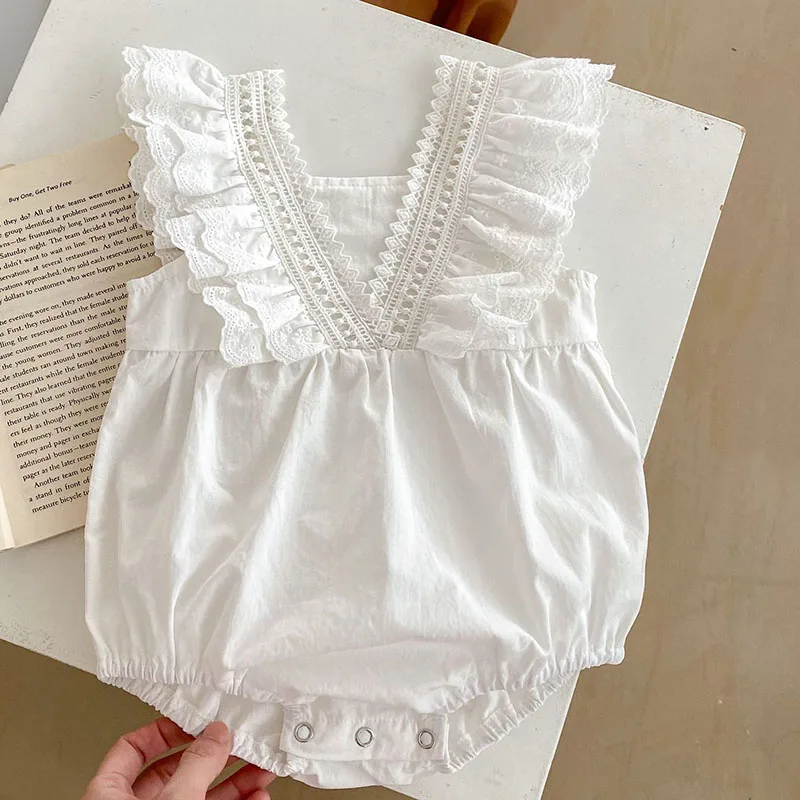 2025 New Summer Toddler Baby Girls Jumpsuit Sleeveless Solid Color Lace Splicing Infant Baby Bodysuits 0-24M Baby Girls Clothing