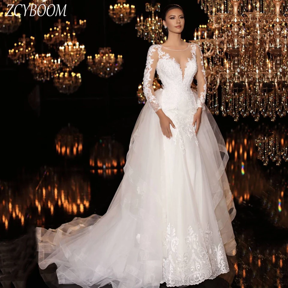 

Customized O-Neck Appliques Long Sleeves White Wedding Dress 2025 Mermaid Floor Length Detachable Sweep Train Zipper Bridal Gown