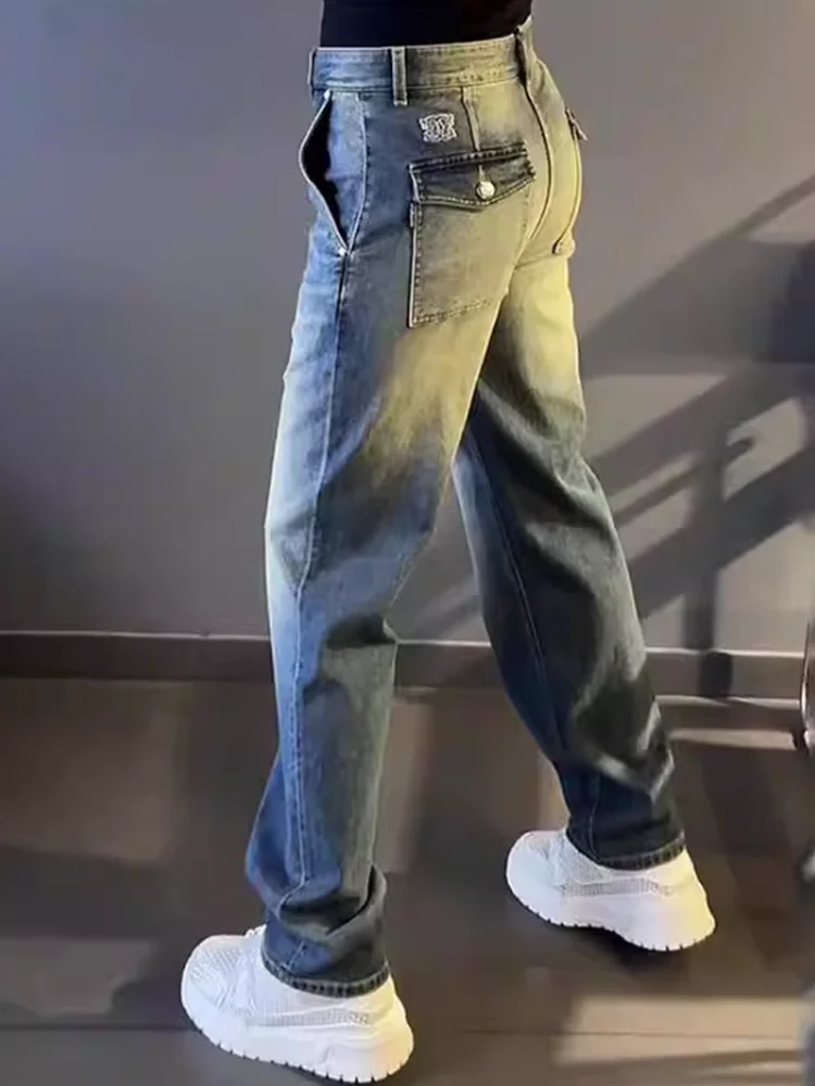 

New 2026 Men's High-End Waed Straight Leg Denim Pants Multi-ket Patchwork Loose Luxury Long Trousers Faionable Casual