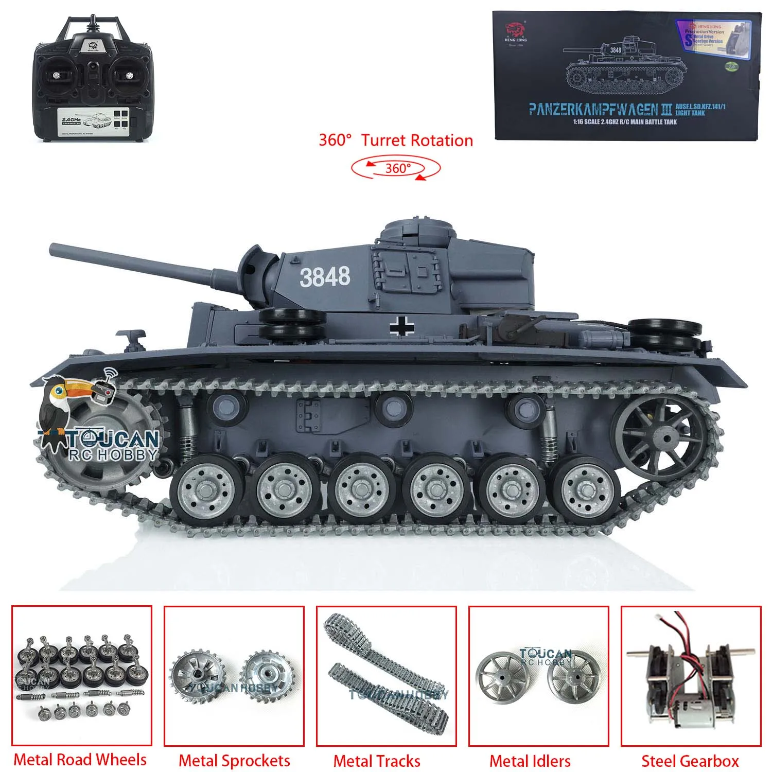 Henglong 1/16 7.0 RTR RC Tank Panzer III L 3848 Custom Metal Tracks Wheels Remote Control Model for Collectors