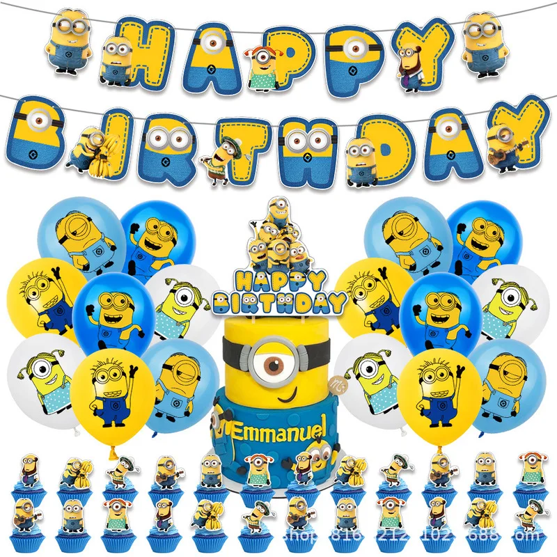 Kawaii Minions เด็กธีมวันเกิดตกแต่งแบนเนอร์เค้กธงบอลลูนชุดอุปกรณ์บรรยากาศตกแต่งชุดของขวัญ